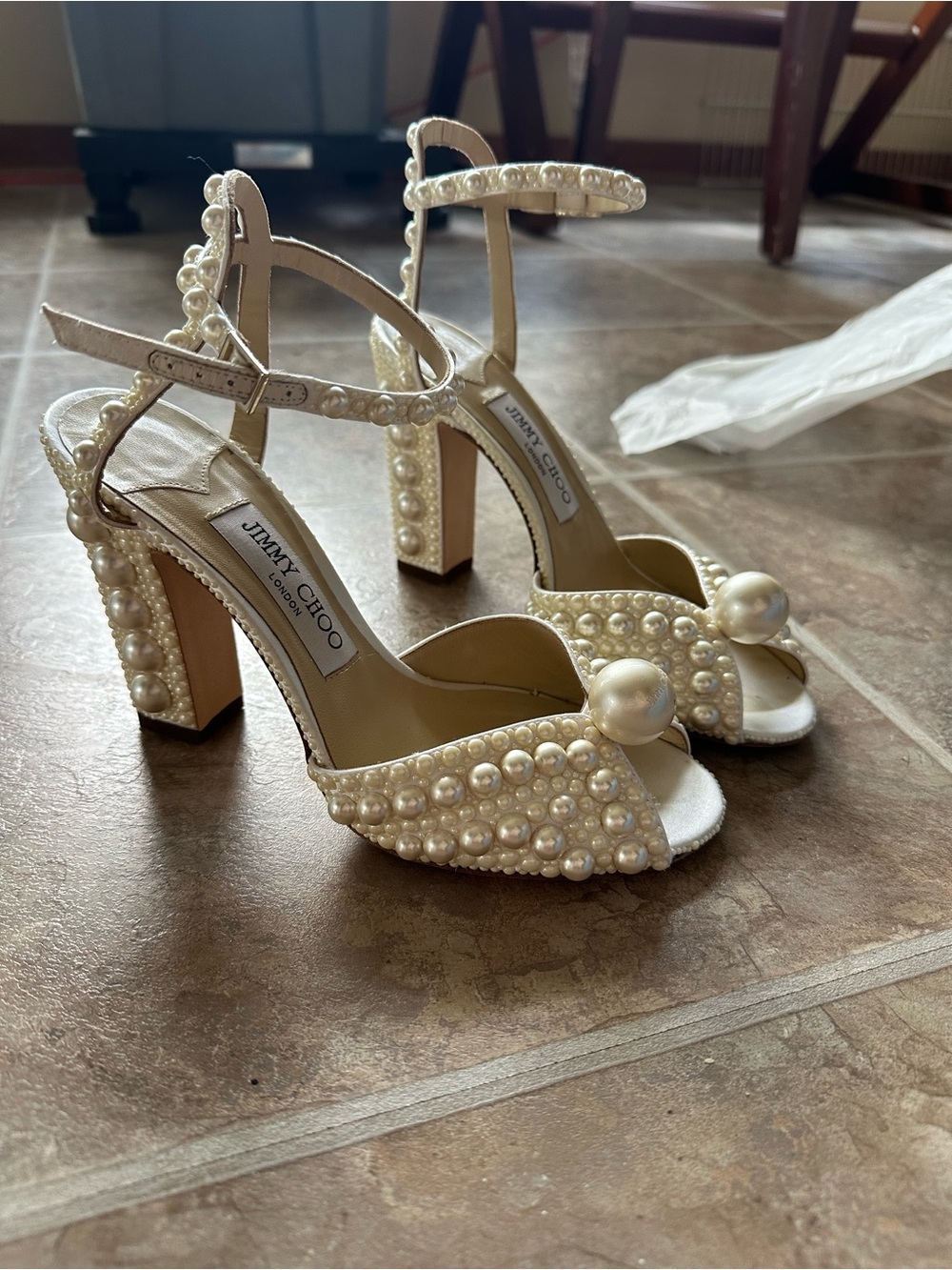 Jimmy Choo Pearl-Embellished Ivory High Heel Sandals